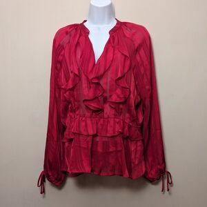 Orchid Haze Fuscia Pink Ruffled Long Sleeve Chiffon Blouse L New